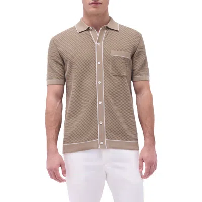 Bugatchi Tipped Short Sleeve Button-up Sweater In Olive