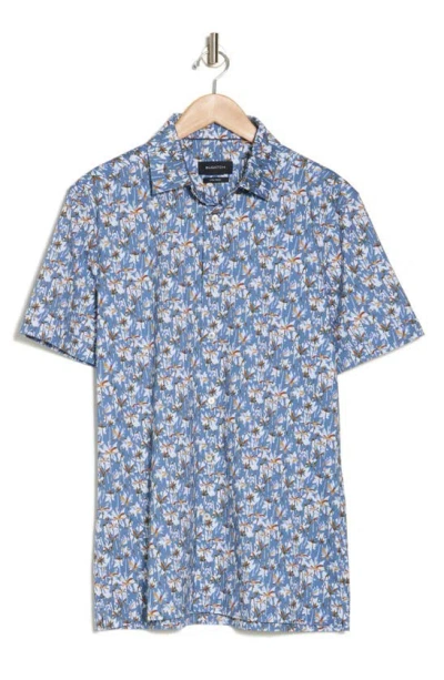 Bugatchi Trim Fit Palm Print Short Sleeve Stretch Cotton Button-up Shirt In Air Blue