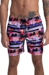 Bugatchi Tropical Sunset Swim Trunks In Orchid