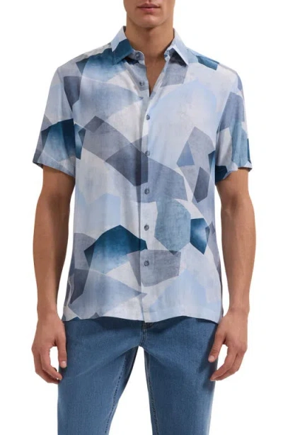 Bugatchi Vero Shaped Fit Abstract Geometric Print Short Sleeve Button-up Shirt In Blue