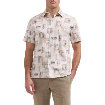 Bugatchi Vero Shaped Fit Abstract Print Short Sleeve Stretch Cotton Button-up Shirt In Nude