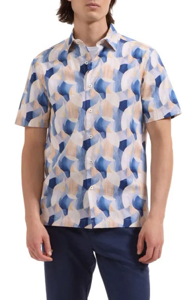 Bugatchi Vero Shaped Fit Abstract Print Short Sleeve Stretch Cotton Button-up Shirt In White