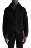 Bugatchi Wool Blend Bomber Jacket With Detachable Genuine Shearling Collar In Black
