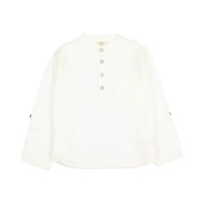 Buho Kid's Ecru Linen Kurta Shirt In White & Ivory