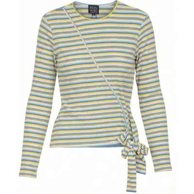 Buhu Rib Knit Faux Wrap Tie Long Sleeve Tee In Blue