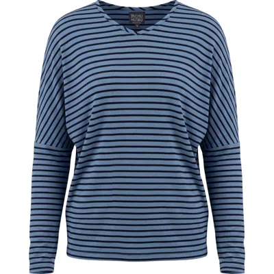 Buhu Striped V-neck Drop Shoulder Long Sleeve Knit Top In Blue