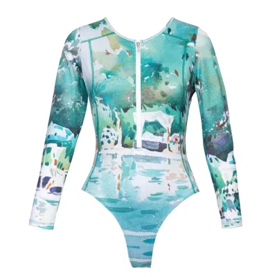 Bukawaswim Women's Blue / Green Cassis Full Sleeve Watercolour Swimsuit With Zip - Econyl® Regenerated Nylon In Blue/green