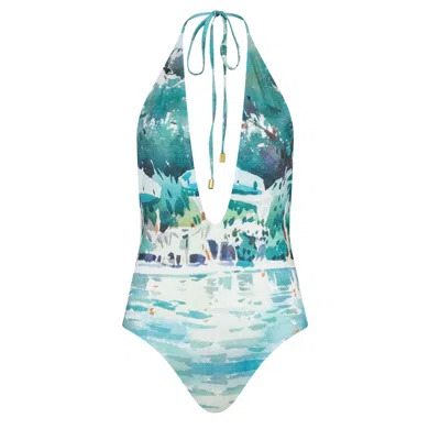 Bukawaswim Women's Green St Tropez Poolside Watercolour Halterneck Swimsuit - Econyl® Regenerated Nylon