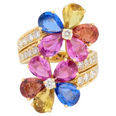Pre-owned Bulgari 17.26 Ctw Diamond Sapphire Flower 18k Yellow Gold Floral Bypass Ring