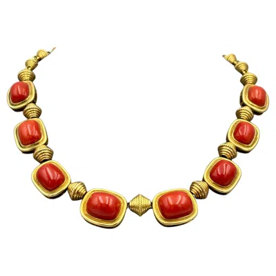 Pre-owned Bulgari 18k Gold And Cabochon Cut Coral Necklace, Circa 1970s In Red