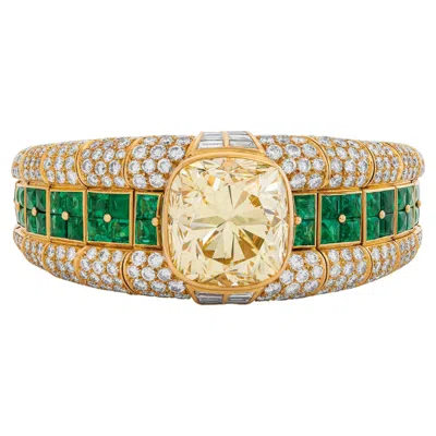 Pre-owned Bulgari 18k Gold Fancy Intense Yellow Diamond Emerald Bangle Bracelet Gia