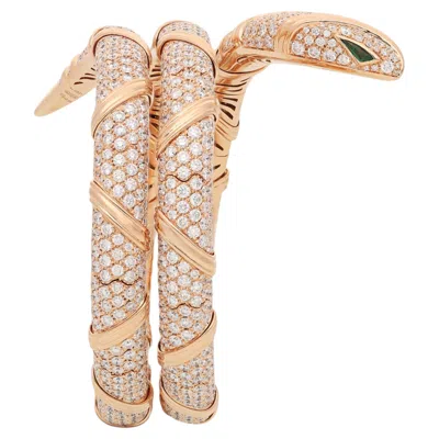Pre-owned Bulgari 18k Rose Gold, Diamond And Emerald Serpenti Viper Bracelet In Red