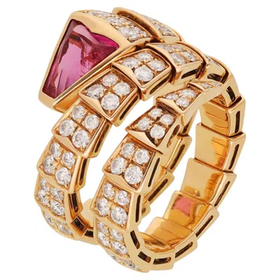 Pre-owned Bulgari 18k Rose Gold, Diamond And Rubellite 3-coil Serpenti Ring In Red