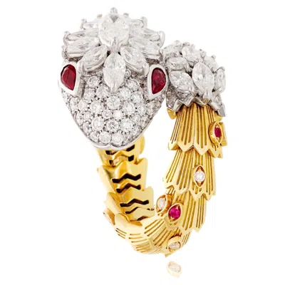 Pre-owned Bulgari 18k Two-tone Gold, Diamond And Ruby Eyes Serpenti Ring In Multi