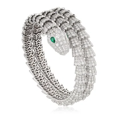 Pre-owned Bulgari 18k White Gold, Diamond And Emerald 3-row Serpenti Bracelet