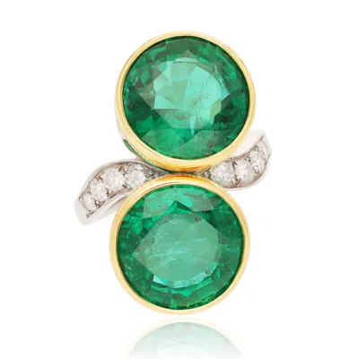 Pre-owned Bulgari 18k Yellow Gold And Platinum Double Emerald Bypass Ring