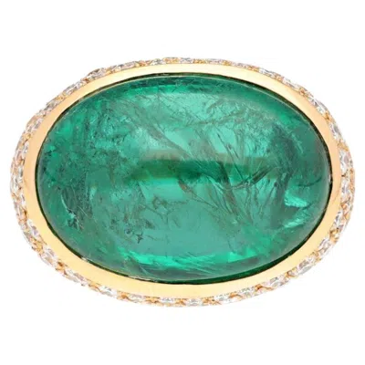 Pre-owned Bulgari 18k Yellow Gold Cabochon Emerald And Diamond Ring