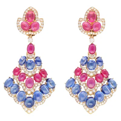Pre-owned Bulgari 18k Yellow Gold Cabochon Ruby, Sapphire And Diamond Ear Clips