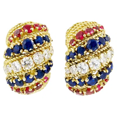 Pre-owned Bulgari 18k Yellow Gold, Diamond, Sapphire And Ruby Ear Clips