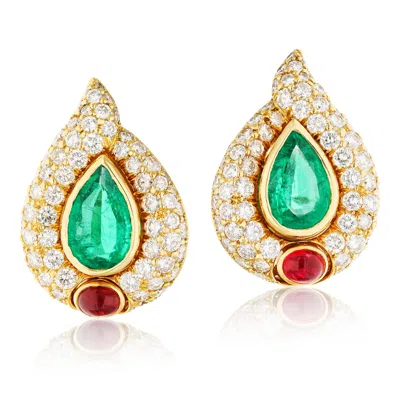 Pre-owned Bulgari 18k Yellow Gold Emerald, Diamond And Ruby Ear Clips