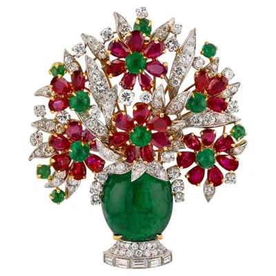 Pre-owned Bulgari 1950s Emerald Ruby Diamond 'giardinetto' Brooch In Green