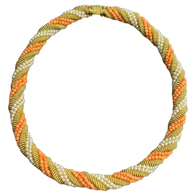 Pre-owned Bulgari 1960s Gold Coral Bead And Pearl Choker Necklace, Italy In Red