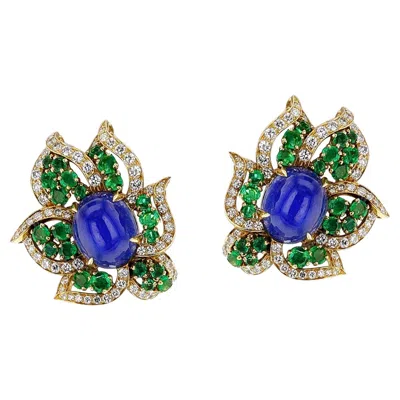 Pre-owned Bulgari 1970s Bvlgari Gia Certified Unheated Sapphire Cabochon, Emerald &diamond Earring In Green