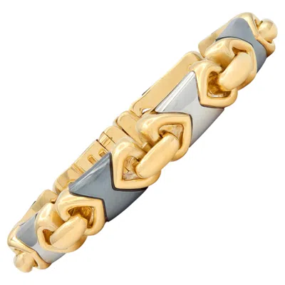 Pre-owned Bulgari 1980's 18 Karat Yellow Gold Hematite Steel Vintage Doppio Cuore Bracelet