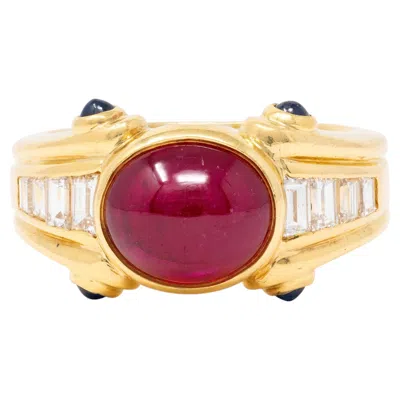 Pre-owned Bulgari 1980's 4.00 Ctw Ruby Sapphire Diamond 18k Gold Vintage Column Ring In Blue
