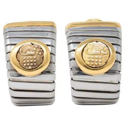 Pre-owned Bulgari 1980 Ancient Indian Coin 18k Gold Steel Vintage Tubogas Monete Earrings In Multi