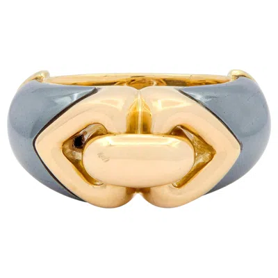 Pre-owned Bulgari 1980's Hematite 18 Karat Yellow Gold Vintage Doppio Cuore Ring
