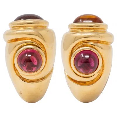 Pre-owned Bulgari 1980's Multi-gem 18k Gold Vintage Passo Doppio J-hoop Ear-clip Earrings In Multiple