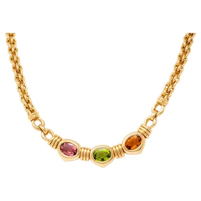 Pre-owned Bulgari 1980's Multi-gem 18k Yg 18k Gold Vintage Three Stone Station Necklace