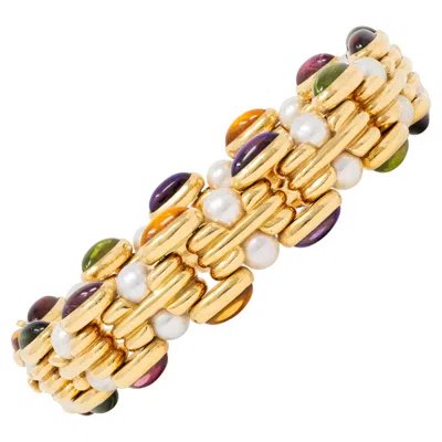 Pre-owned Bulgari 1980's Multi-gem Citrine Pearl 18k Yellow Gold Vintage Link Bracelet