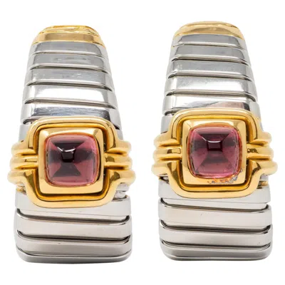 Pre-owned Bulgari 1980's Tourmaline 18k Gold Steel Vintage Tubogas Ear-clip Earrings In Multi