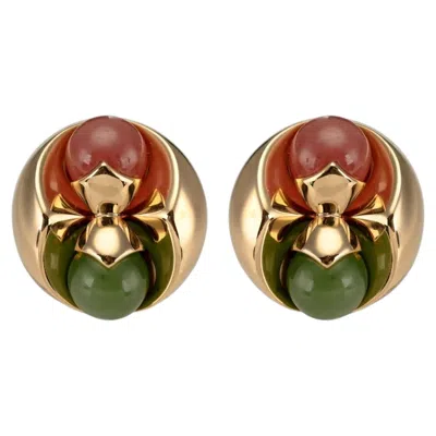 Pre-owned Bulgari 1980s Chrysoprase Rhodochrosite 18 Kt Yellow Gold Omega Clip Earrings