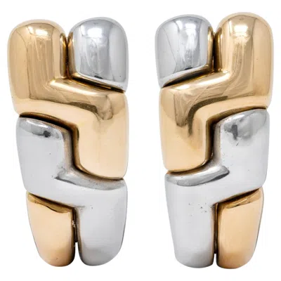 Pre-owned Bulgari 1990's 18 Karat Gold Stainless Steel Vintage J-hoop Ear-clip Earrings In Multi