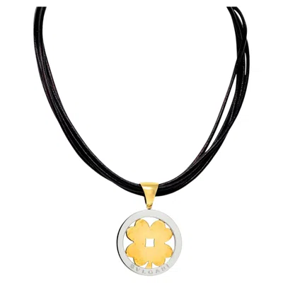 Pre-owned Bulgari 1990's 18k Gold Steel Leather Cord Tondo Clover Vintage Pendant Necklace In Multi