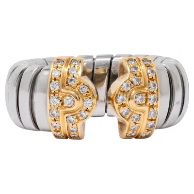 Pre-owned Bulgari 1990's Diamond 18k Gold Steel Vintage Parentesi Tubogas Omega Cuff Ring In Multiple