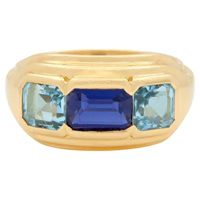Pre-owned Bulgari 1990's Iolite Aquamarine 18 Karat Yellow Gold Vintage Three Stone Ring