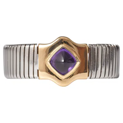 Pre-owned Bulgari 4ct Sugarloaf Amethyst Gold Steel Tubogas Bangle, Circa 1990 In Purple