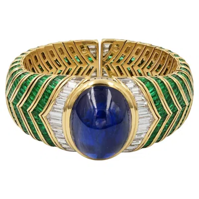 Pre-owned Bulgari 89.72 Ct Sapphire, Emerald & Diamond Bangle In 18k Gold In Green
