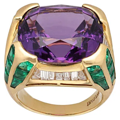 Pre-owned Bulgari Amethyst, Emerald & Diamond ‘carré' Cocktail Ring In Purple
