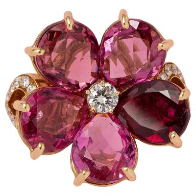 Pre-owned Bulgari An 18k Gold  Flower Ring With Tourmaline And Diamond In Multi