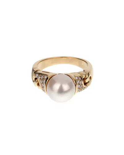 Pre-owned Bulgari Bvlgari 18k 0.30 Ct. Tw. Diamond & 9.2mmmm Pearl Cocktail Ring (authentic Pre-loved) In Gold
