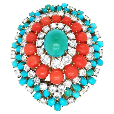 Pre-owned Bulgari Bvlgari, 18k Gold Coral Turquoise Diamond Brooch In Red