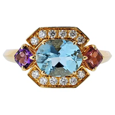 Pre-owned Bulgari Bvlgari 18k Yellow Gold Allegra Aquamarine Amethyst Pink Tourmaline Ring