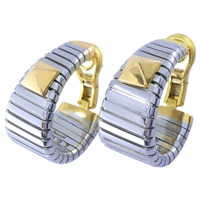 Pre-owned Bulgari Bvlgari 18k Yellow Gold & Steel Tubogas Pyramid Hoop Earrings