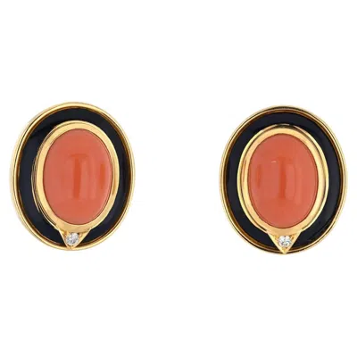Pre-owned Bulgari Bvlgari 18k Yellow Gold Coral, Black Enamel And Diamond Earrings, Circa 1970s