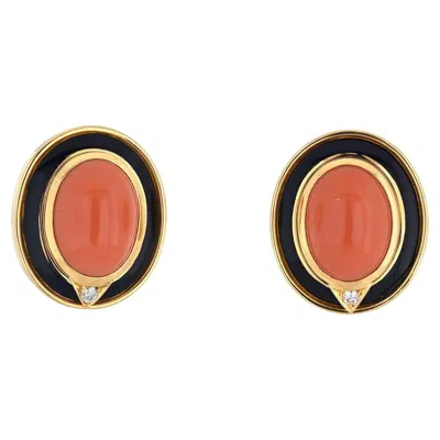 Pre-owned Bulgari Bvlgari 18k Yellow Gold Coral, Black Enamel, Onyx Earrings